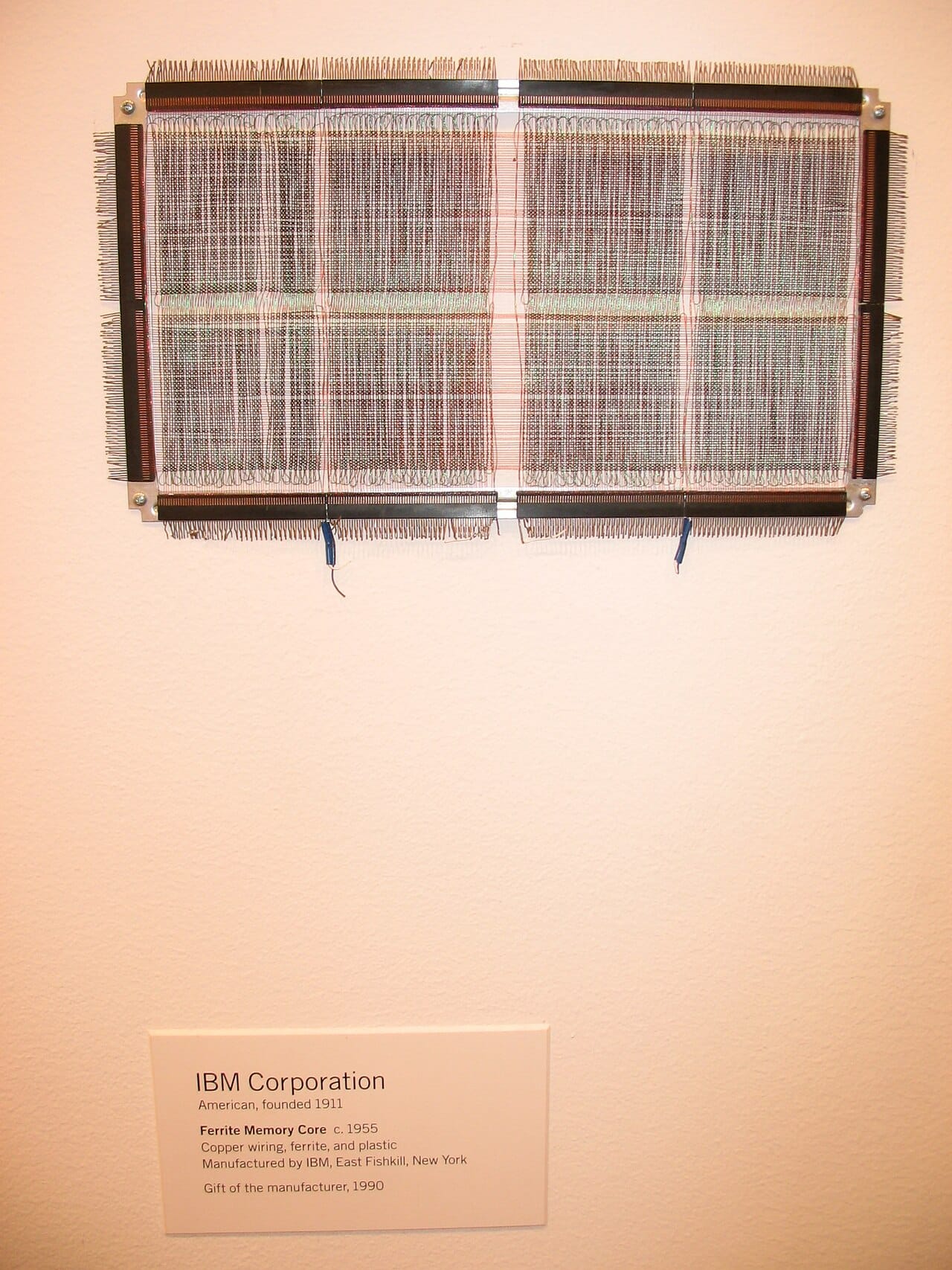 An IBM ferrite core memory plane from about 1955, woven from copper wire and ferrite rings