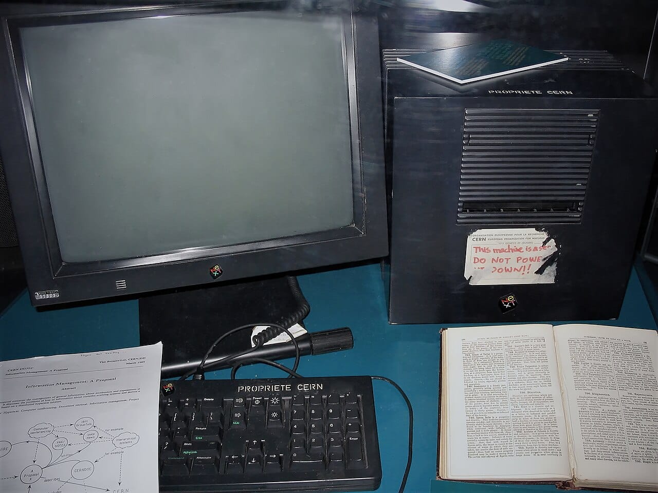 Tim Berners-Lee's NeXT cube at CERN, the first web server, with its hand-written DO NOT POWER DOWN sticker