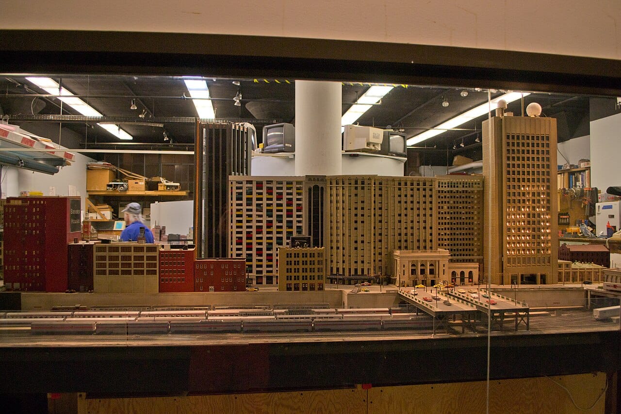 The MIT Tech Model Railroad Club layout, with a model of MIT's Green Building