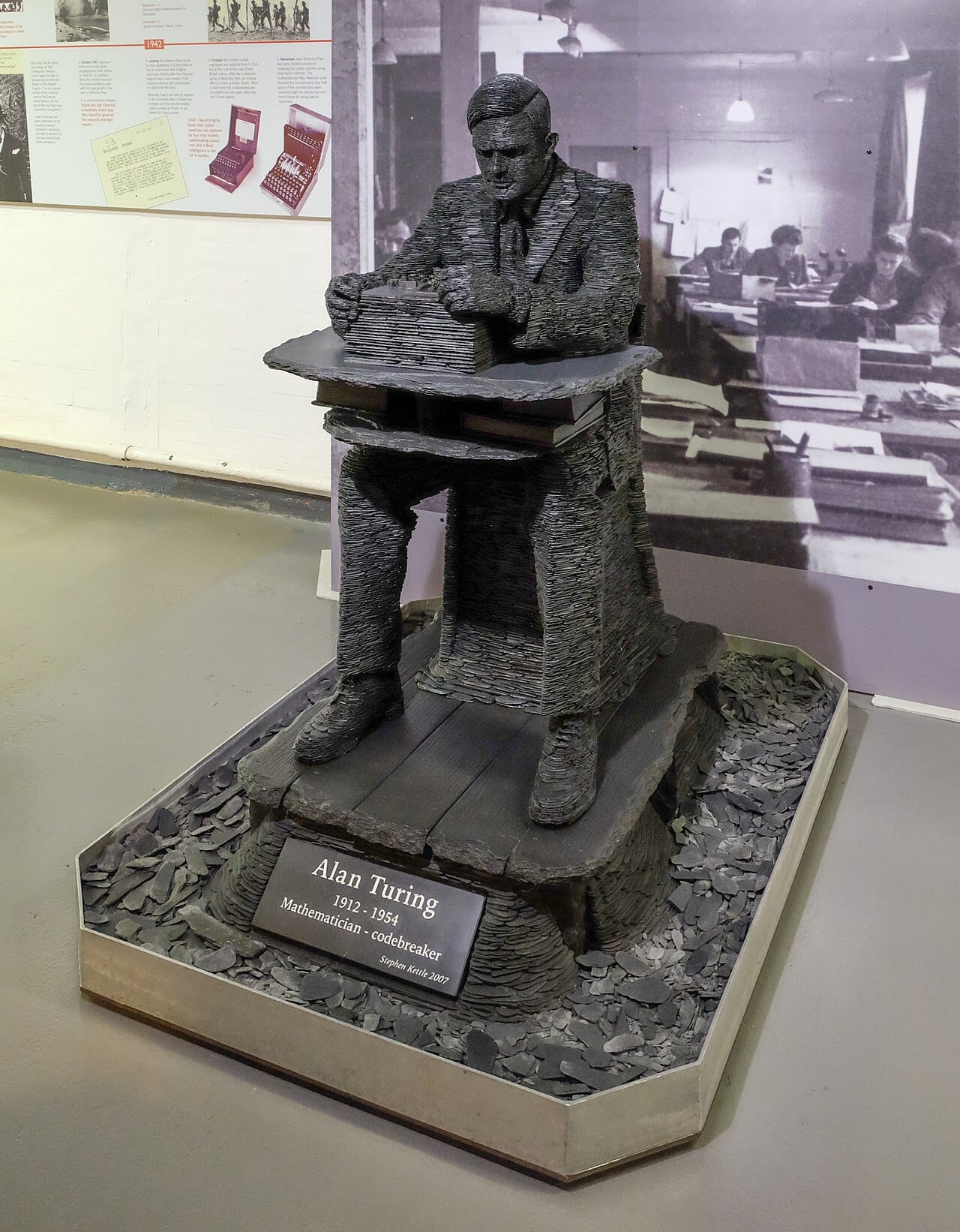 Stephen Kettle's slate statue of Alan Turing at Bletchley Park