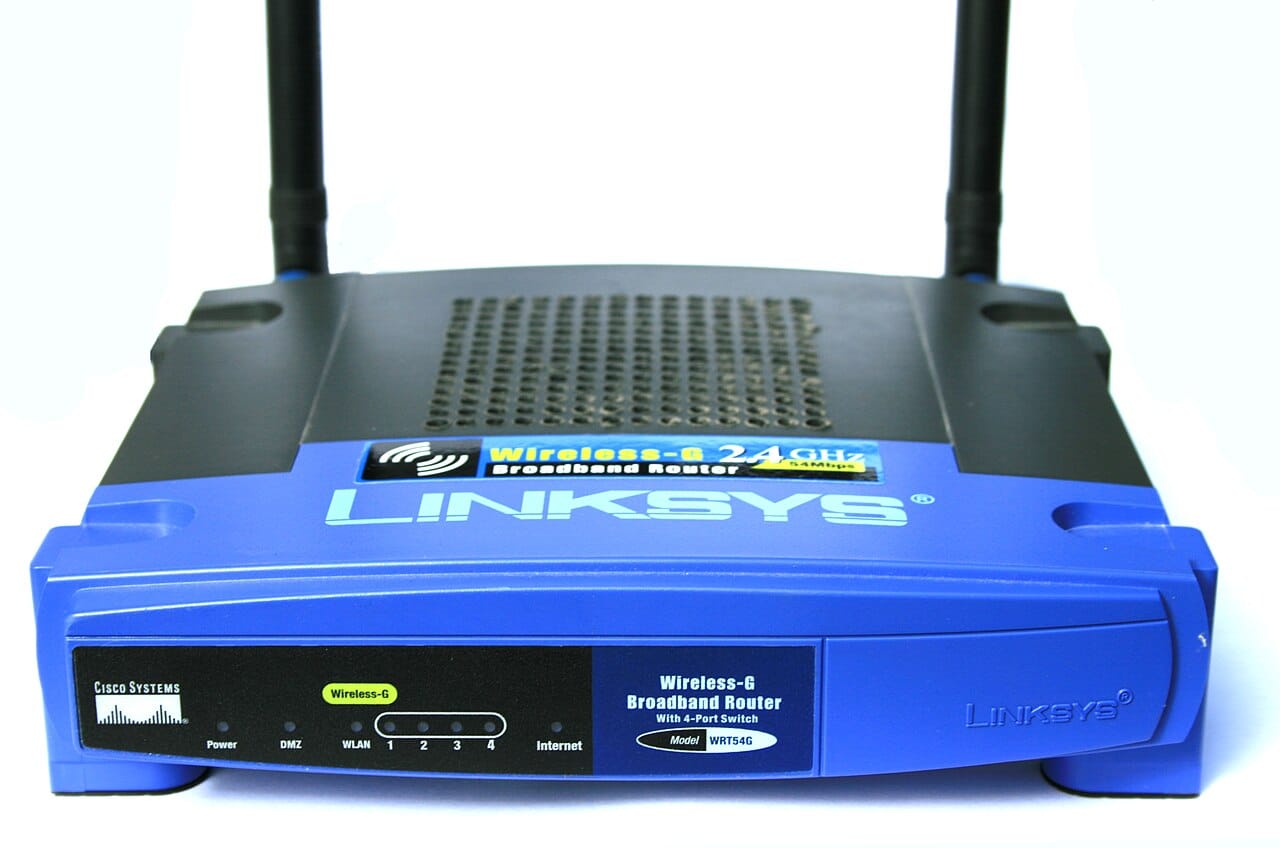 A blue Linksys WRT54G wireless router